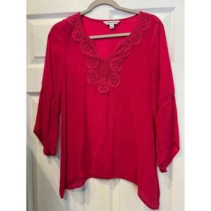 Counterparts Blouse Rayon Polyester Crochet V-Neck Fuchsia Pink  Boho Romantic